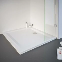 Duschwanne Extra-flach Aus Mineralguss Von Schulte, Oberfläche Aus Naturstein, Höhenverstellbarkeit 11-13 Cm, Inkl. Markenablauf (Durchmesser 9 Cm) Und Füße, Alpinweiß, Rechteck, 90 X 100 Cm