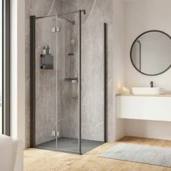 Schulte Drehfalttür Mit Seitenwand Garant 2.0, 6 Mm ESG Sicherheitsglas Klar Hell, Profilfarbe: Mattschwarz, Größe 90 X 90 X 200 Cm, Anschlag Rechts